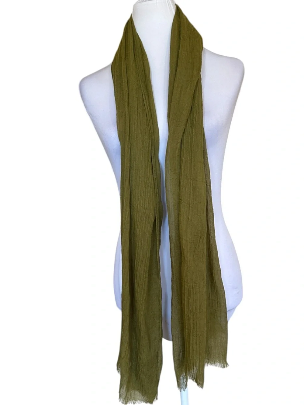 Olive Green Gauzy Scarf Lightweight Crinkle Texture Boho Wrap